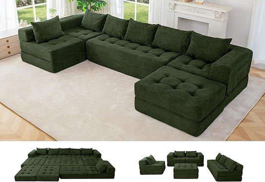MAXYOYO Modular Sectional Sofa Couch, Foldable U Shaped Cloud Couch with Pillows, Tufted 7-Seat Boneless Lounger Floor Sofa Bed for Living Room, No Assembly Required, Dark Green