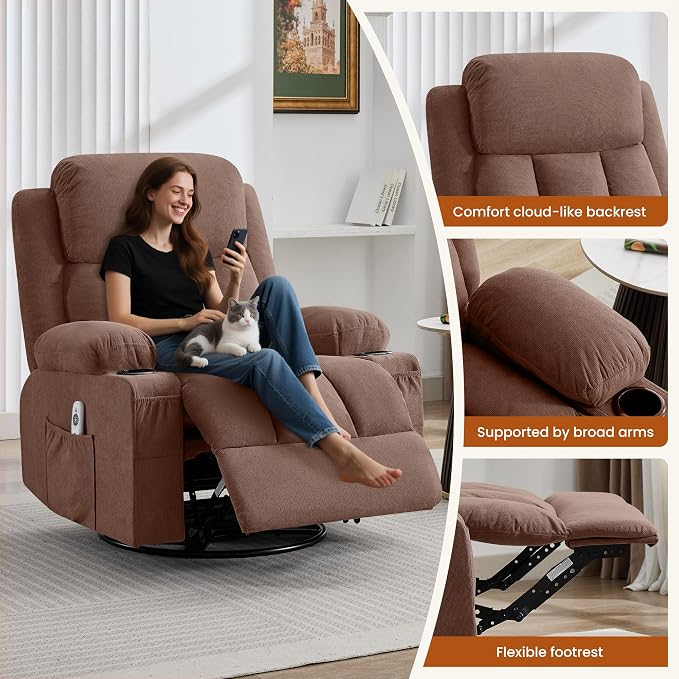 MAHOMICO Swivel Rocker Recliner Chair with Vibration Massage and Heat for Living Room,with Rocking Function and Side Pocket, USB Charge Port,2 Cup Holders