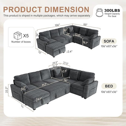 Hanherry 106" Sectional Sofa with Pull Out Couch Bed,6 Seater Corduroy Sleeper Sofa with Storage Ottoman & USB Charging,Comfy L Shaped Modular Couches for Living Room,Apartment