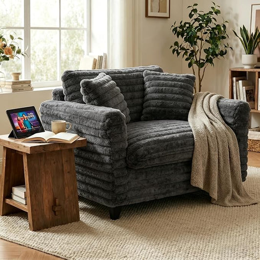 ERYE 46.9" Corduroy Upholstered Accent Chair Wide Seat Armchair for Living Room Bedroom, Modern Cloud Cushion Armchair W/ 2 Pillows and Wooden Legs for Home Apartment Office