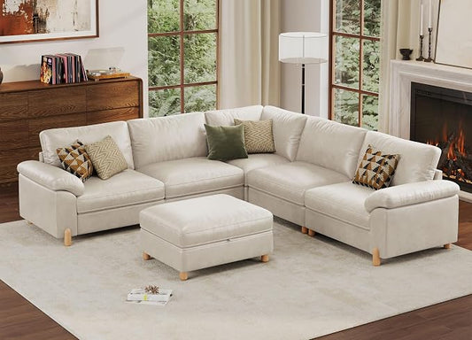 SITJOY Large Cloud Couch, 106" Wide 5 Seater V Shape, Faux Leather in White | Pet-Friendly Scratch-Resistant Leather Sectional Sofas for Living Room, Deep Seat Wide Couch with Chaise, Storage Ottoman