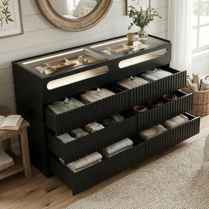 senlin Modern 16 Drawer Wardrobe Armoire with Glass Top LED Lights,Fluted Island Dresser Bedroom Closet Organizer System,Large Clothing Storage Cabinet with Jewelry Tray,Hidden Handles (Black)
