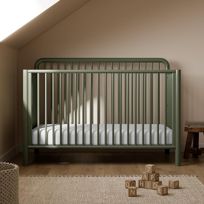 Storkcraft Porto 5-in-1 Convertible Crib with Toddler Guardrail – GREENGUARD Gold Certified, Toddler Bed Conversion Kit Included, 100% Solid Wood, Fits Standard Baby Crib Mattress (Olive)