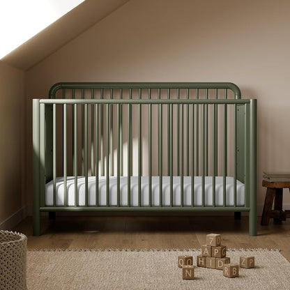 Storkcraft Porto 5-in-1 Convertible Crib with Toddler Guardrail – GREENGUARD Gold Certified, Toddler Bed Conversion Kit Included, 100% Solid Wood, Fits Standard Baby Crib Mattress (Olive)