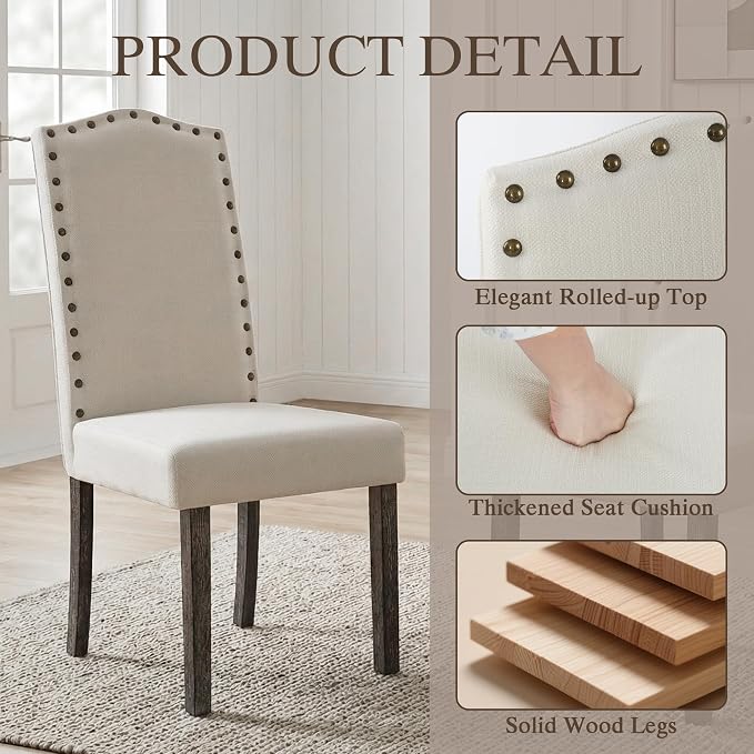 LSSBOUGHT Fabirc Dining Chair Upholstered Parsons Kitchen Chair with Copper Nails and Solid Wood Legs for Dining Room,Restaurant (Beige, 4PCS)