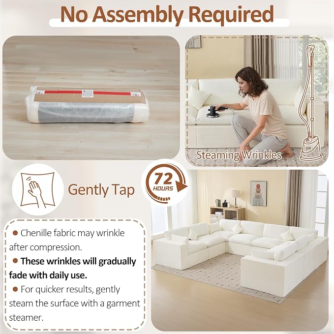 146''Cloud Boneless Sectional Couch, Modular Sectional Sofa Deep Seat, Oversized Upholstered Convertible Comfy 8 Seater Chenille Memory Foam Sofa U Shape Couches for Living Room, Beige