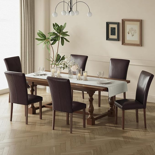 COLAMY Parsons Dining Chairs Set of 6, PU Leather Dining Room Kitchen Side Chair with Nailhead Trim and Wood Legs - Dark Brown