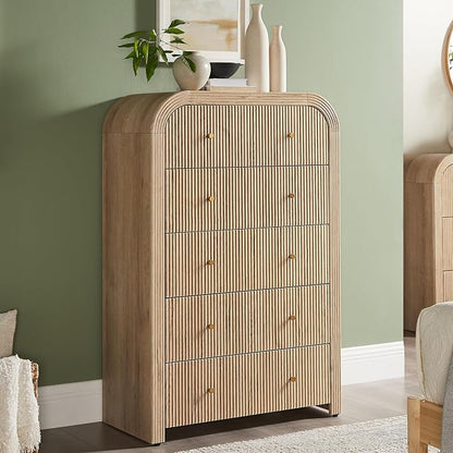 T4TREAM Fluted Dresser with 5 Drawers, 48" Tall Modern Chest of Drawers with Thickened Curved Profile Design, Wood Closet Clothes Storage Organizer for Bedroom, Living Room, Hallway, Natural Oak