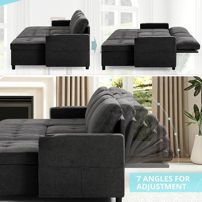 110" U-Shaped Pull Out Sofa Bed w/Adjustable Backrests, Grey | Sectional Sleeper Couch w/Convenient USB Ports & Storage Chaise, Upholstered Sofa Bed w/Cup Holders for Living Room, House