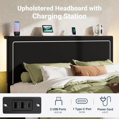 Allewie Queen Size Lift Up Storage Bed Frame with Charging Station & LED Lights, Adjustable Velvet Upholstered Storage Headboard, Type-C & USB Ports, Hydraulic Support, No Box Spring Needed, Black