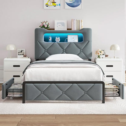 Jocoevol Twin Upholstered LED Bed Frame with 2 Storage Drawers and 2-Tier Storage Bookcase Headboard, Velvet Platform Bed for Kids/Girls/Boys, Corner Bed Frame, Heavy Duty Metal Support, Grey