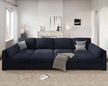 Oversized Modular Sectional Sleeper Sofa Bed Cloud Couches Blue | Deep Seat Couch for Living Room, 8 Seater Luxury Comfortable Sofa with Ottoman, Solid Wood Frame, Removable Washable Cover