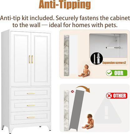 Metal Armoire Wardrobe Closet, 3 Drawers Clothes Storage Cabinet | Metal Wardrobe Cabinet with Doors, Hanging Rod, 71"Tall White Armoires, Closet for Bedroom, Bathroom, Gym