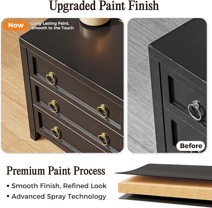 Huuger 23.6 Inch Night Stand with Charger Station and USB-C Port, 3 Drawer Nightstand, Larger Wider Bedside Table, Modern Side End Table, for Bedroom, Black Nightstand