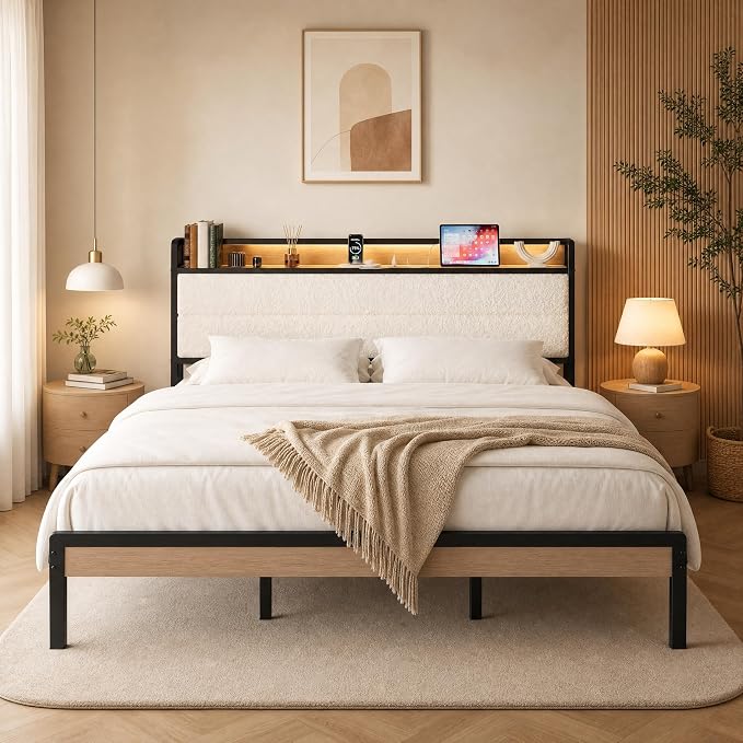 LIKIMIO King Size Bed Frame, Storage Headboard with LED Lights and Charging Station, Metal Platform Bed No Box Spring Needed, Noise Free, Under Bed Storage, Natural and Cream