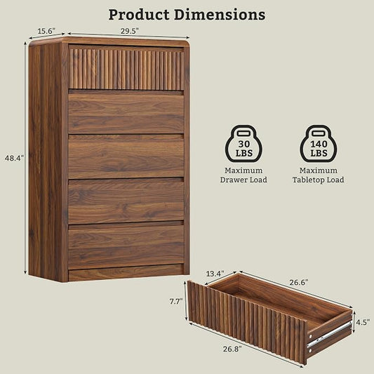 LYNSOM 5 Drawer Dresser for Bedroom, 48" Tall Fluted Dresser with Curved Corners, Wood Dressers & Chests of Drawers with Dual-Panel Design for Bedroom, Entryway, Walnut
