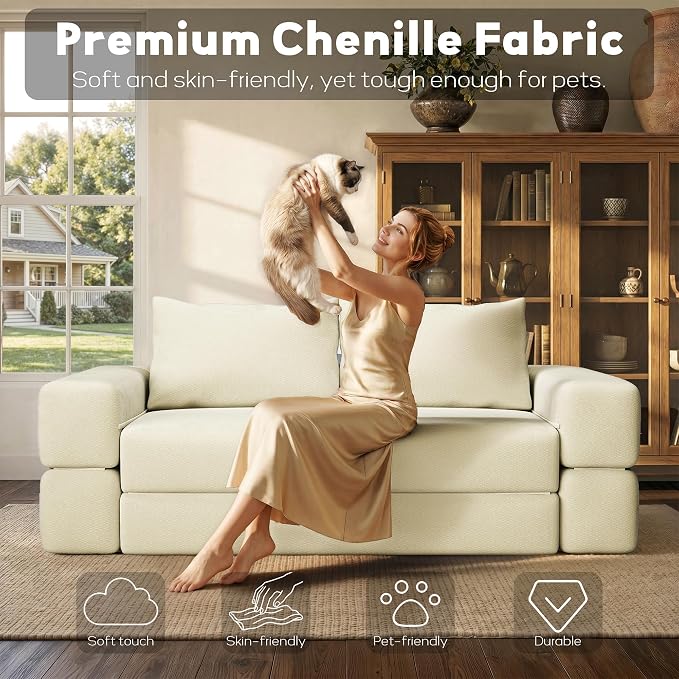 75'' Folding Convertible Sofa Bed with Large Pillow, 4-in-1 Foldable Pull Out Futon Sofa Bed, Chenille Boneless Mattress Couch, No Assembly Floor Sleeper Sofa Bed for Living Room/Bedroom, Beige