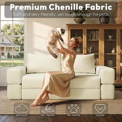 75'' Folding Convertible Sofa Bed with Large Pillow, 4-in-1 Foldable Pull Out Futon Sofa Bed, Chenille Boneless Mattress Couch, No Assembly Floor Sleeper Sofa Bed for Living Room/Bedroom, Beige
