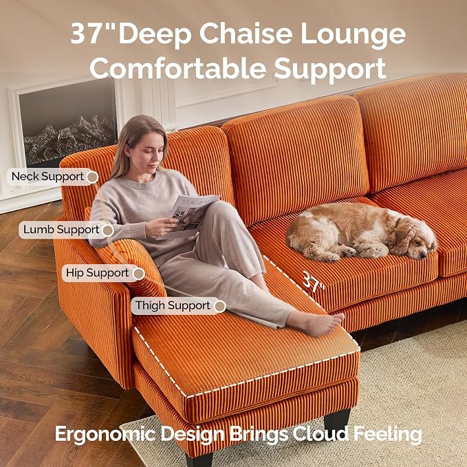 VINGLI 108" W U-Shaped Sectional Couches for Living Room, Sturdy Wooden Armrest Corduroy Cloud Couch with Double Chaise, High Support Modern 4-Seat Sectional Sofa for Apartment, Offices, Orange