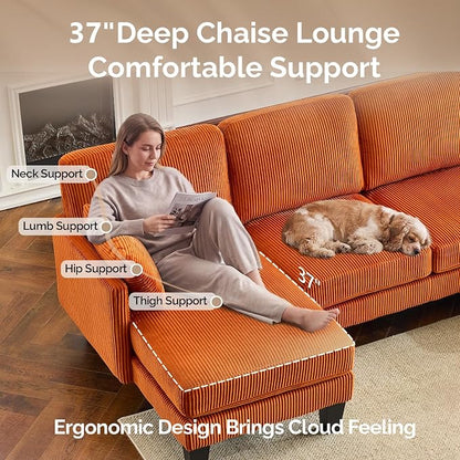 VINGLI 108" W U-Shaped Sectional Couches for Living Room, Sturdy Wooden Armrest Corduroy Cloud Couch with Double Chaise, High Support Modern 4-Seat Sectional Sofa for Apartment, Offices, Orange
