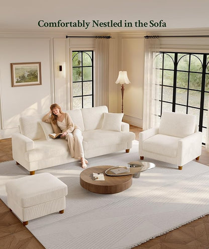 Welzona 87.2" Couches for Living Room, Comfy Sofa Set Tool-Free Setup, Corduroy Couch Set 7.5" Thicker Cushion, Accent Chair with Ottoman 848lbs Support, Sofas for Living Room Home Office, Beige