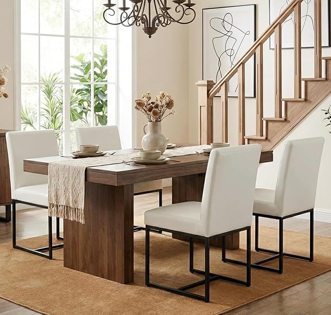 VESCASA Faux Leather Upholstered Dining Chairs with Black Metal Frame, Mid Century Modern Padded Kitchen Chair with Adjustable Foot Pads for Restaurant, Dining Room, Set of 6, White
