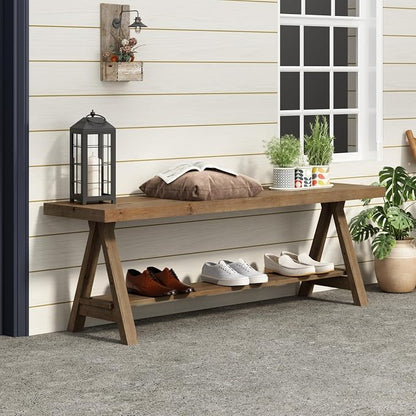 RowyPoey 54" Solid Wood Bench, Long Farmhouse Entryway Bench with Storage Shelf, Triangular Leg Design, Narrow Rustic Benches for Hallway, Bedroom, Dining, Kitchen, Easy Assembly
