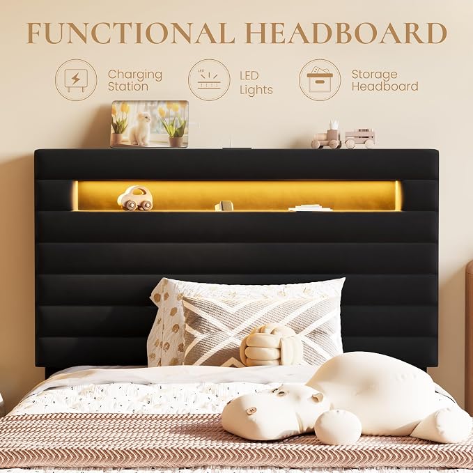 SHA CERLIN Twin Bed Frame with LED Light & 2-Tier Storage Shelf, Velvet Upholstered Adjustable Headboard with Charing Station, Horizontal Channel Tufted, No Box Spring Needed, Easy Assembly, Black