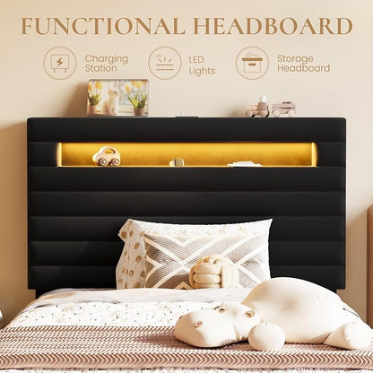 SHA CERLIN Twin Bed Frame with LED Light & 2-Tier Storage Shelf, Velvet Upholstered Adjustable Headboard with Charing Station, Horizontal Channel Tufted, No Box Spring Needed, Easy Assembly, Black