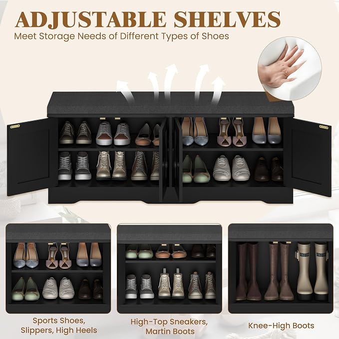 Apicizon Storage Bench with Seat Cushion, 2 Tier Entryway Bench with 4 Barn Doors, Adjustable Shelves, 47.36" Shoe Bench for Entryway Hallway Bedroom Living Room, Black