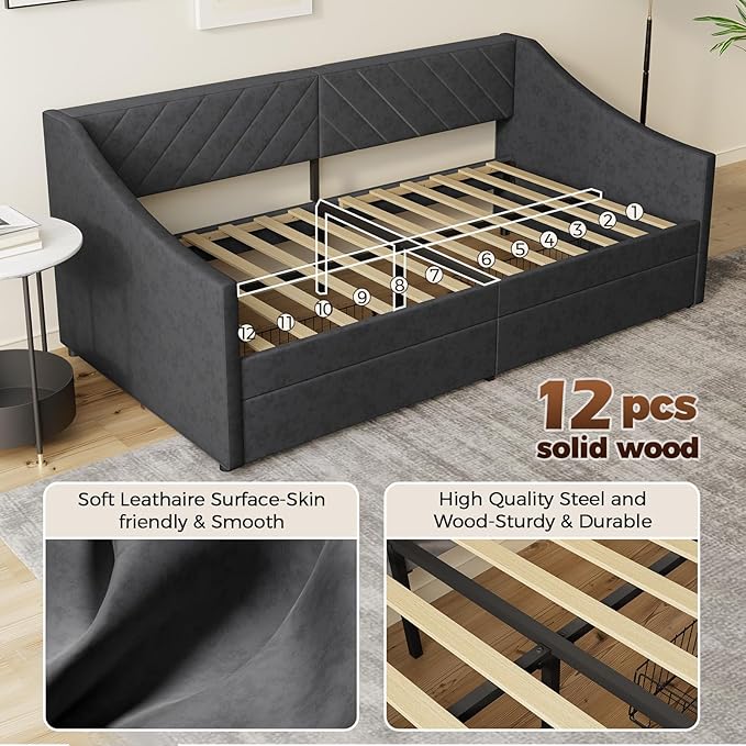 Twin Size Daybed with 2 Storage Drawers, Upholstered Daybed Frame with Charging Station, Heavy Duty Sofa Bed for Bedroom, Living Room, No Box Spring Needed,Easy Assembly