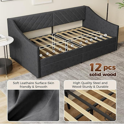 Twin Size Daybed with 2 Storage Drawers, Upholstered Daybed Frame with Charging Station, Heavy Duty Sofa Bed for Bedroom, Living Room, No Box Spring Needed,Easy Assembly