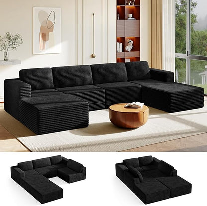 Vesgantti 159" Large Modular Sectional Sofa, U-Shaped Corduroy Cloud Couch with Deep Seats & Spring Support, 4-Seater Boneless Sofa with 2 Movable Ottomans, No Assembly Needed, Black