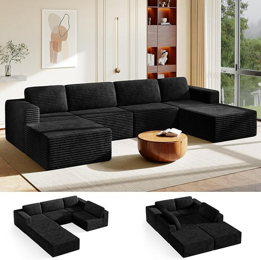 Vesgantti 159" Large Modular Sectional Sofa, U-Shaped Corduroy Cloud Couch with Deep Seats & Spring Support, 4-Seater Boneless Sofa with 2 Movable Ottomans, No Assembly Needed, Black
