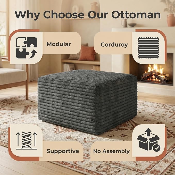 JINGLING 25.6 Inch Plush Corduroy Ottoman, Modular Sectional Foot Rest for Living Room, Upholstered Cloud Ottoman for Boneless Couch in a Box, Compressed Memory Foam, No Assembly Require, Dark Grey
