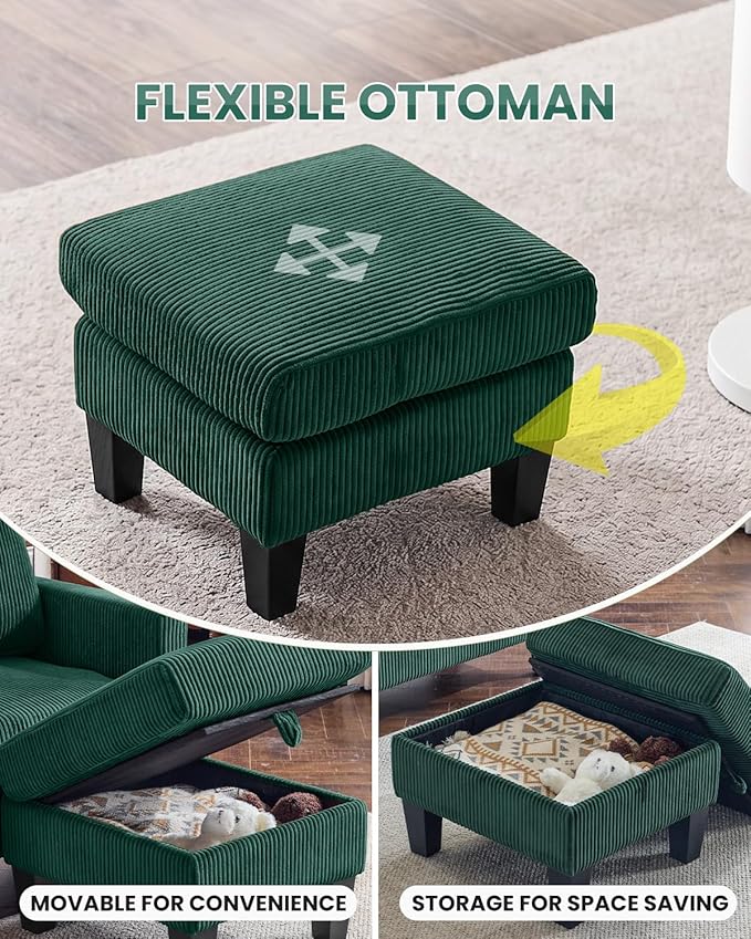 Karl home 67" Small Sectional Couch L Shaped Sofa, Green | Movable Storage Ottoman, Corduroy Upholstered, Sofa Chaise, Side Pockets 5.9" Sofa Legs for Living Room, Apartment, Studio