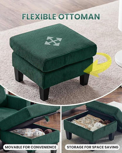 Karl home 67" Small Sectional Couch L Shaped Sofa, Green | Movable Storage Ottoman, Corduroy Upholstered, Sofa Chaise, Side Pockets 5.9" Sofa Legs for Living Room, Apartment, Studio