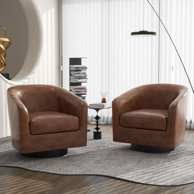 Swivel Barrel Accent Chair, Modern Round Faux Leather Arm Chair for Living Room, Bedroom, Comfy Club Reading Chairs for Adults(Faux Leather, Coffee, Set of 1)