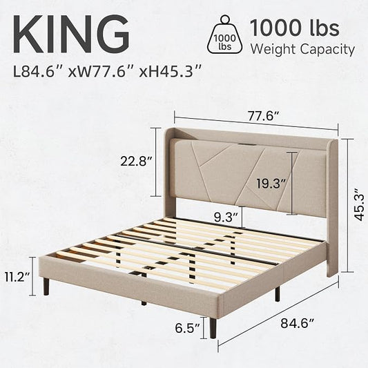 King Size Linen Bed Frame, Storage Headboard with Charging Station, Upholstered Platform Bed with Wooden Slats Support, Solid and Stable, Noise Free, No Box Spring Needed, Easy Assembly, Beige