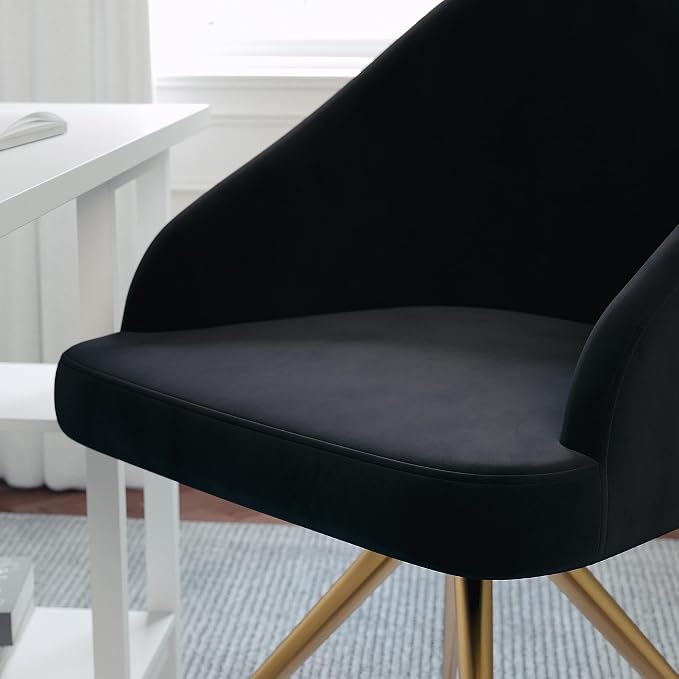 Martha Stewart Sora Stationary Swivel Task Chair with Sloped Arms for Home Office in Black Velvet with Polished Brass Frame