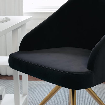 Martha Stewart Sora Stationary Swivel Task Chair with Sloped Arms for Home Office in Black Velvet with Polished Brass Frame