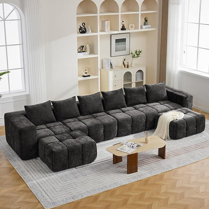 160" Boneless U-Shaped Sofa Couch with 2 Ottoman, 6 Seater Comfy Cloud Sectional Sofas with Deep Seat, Oversized Chenille Sectional Memory Foam Couches for Living Room Bedroom, Tufted Sofa, Dark Grey