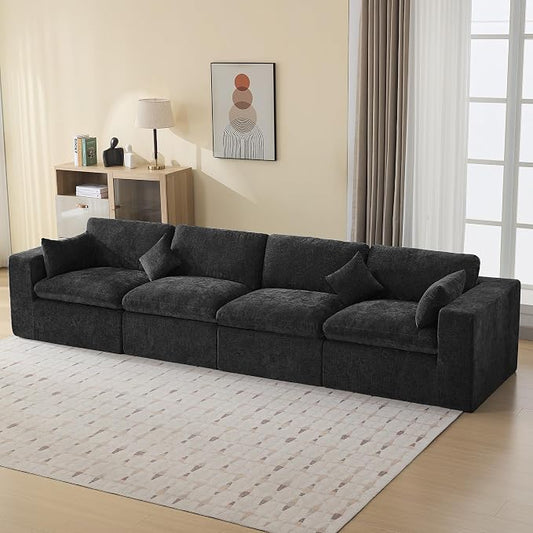 146''Cloud Boneless Sectional Couch, Modular Sectional Sofa Deep Seat, Oversized Upholstered Convertible Comfy 4 Seater Chenille Memory Foam Sofa Couches for Living Room, Dark