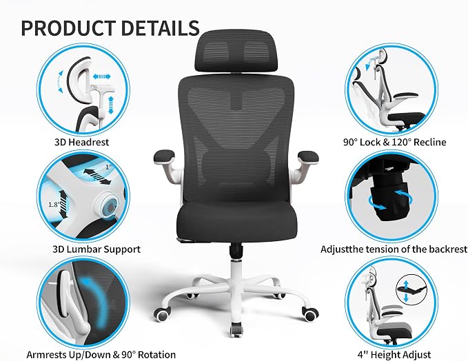 Ergonomic Office Chair - Mesh Desk Chair with Adjustable Lumbar Support High Back Computer Gaming Chairs - Big and Tall Office Chairs Adults, Comfortable for Long Hours, White Black