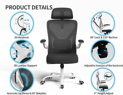 Ergonomic Office Chair - Mesh Desk Chair with Adjustable Lumbar Support High Back Computer Gaming Chairs - Big and Tall Office Chairs Adults, Comfortable for Long Hours, White Black