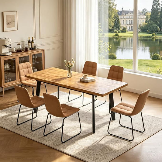 Extendable Dining Table Set for 6 to 8 People, 63" to 78.7" Modern Kitchen Table Set with 6 Chairs, MDF Dining Room Table and Chairs with Removable Extension Leaf (Walnut Table+U-Shaped Brown Chairs)