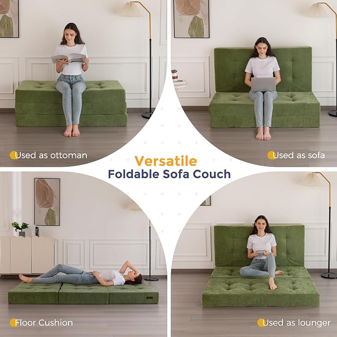 MAXYOYO 6" Folding Sofa Bed for Floor, Tufted Tri-Fold Floor Mattress with Chenille Fabric, Twin Size Portable Sofa Couch Guest Mat for Adults, Foldable Topper for Camping, Green, 35.4"x75"