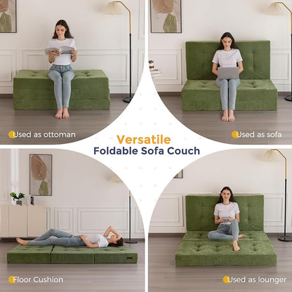 MAXYOYO 6" Folding Sofa Bed for Floor, Tufted Tri-Fold Floor Mattress with Chenille Fabric, Twin Size Portable Sofa Couch Guest Mat for Adults, Foldable Topper for Camping, Green, 35.4"x75"