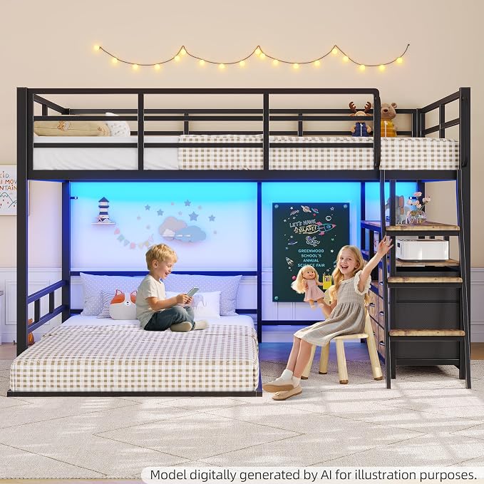 busyaeh Bunk Bed Full Over Twin,Low Bunk Bed with 8 Drawers & 4 Shelves & 15" H Safety Guardrail,bunk Bed with Desk & LED Lights and Charging Station,L-Shaped Bunk Beds with Stairs,Vintage Brown
