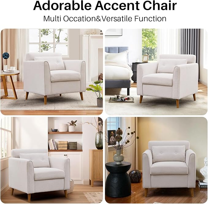 Modern Accent Chair with Wooden Legs Plush Fabric Armchair Chenille Side Single Sofa Chair for Bedroom, Office Cafe Waiting Room Apartment (Beige Armchair)